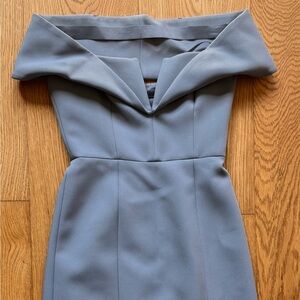 BCBGMAXAZRIA Slate Blue Off-Shoulder Sheath Midi Dress Size 4 Cocktail NWT